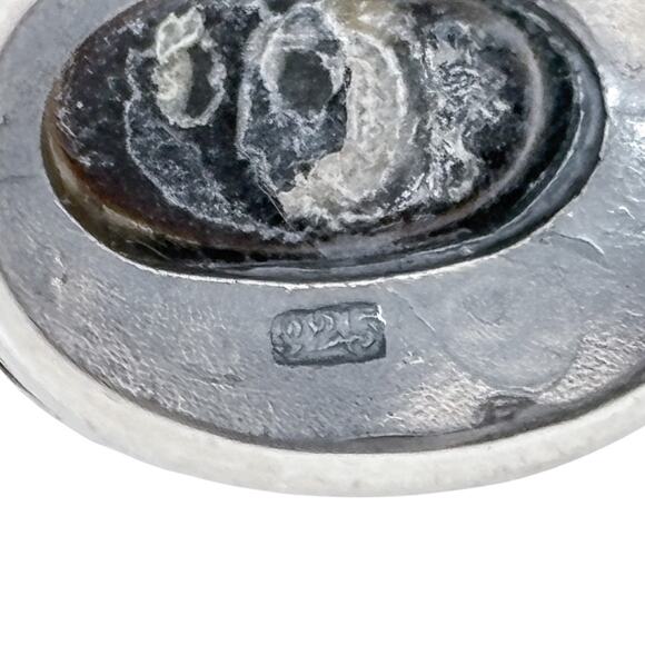 Estate Sterling Silver 925 Marcasite Oval Onyx Pendant - Picture 6 of 9